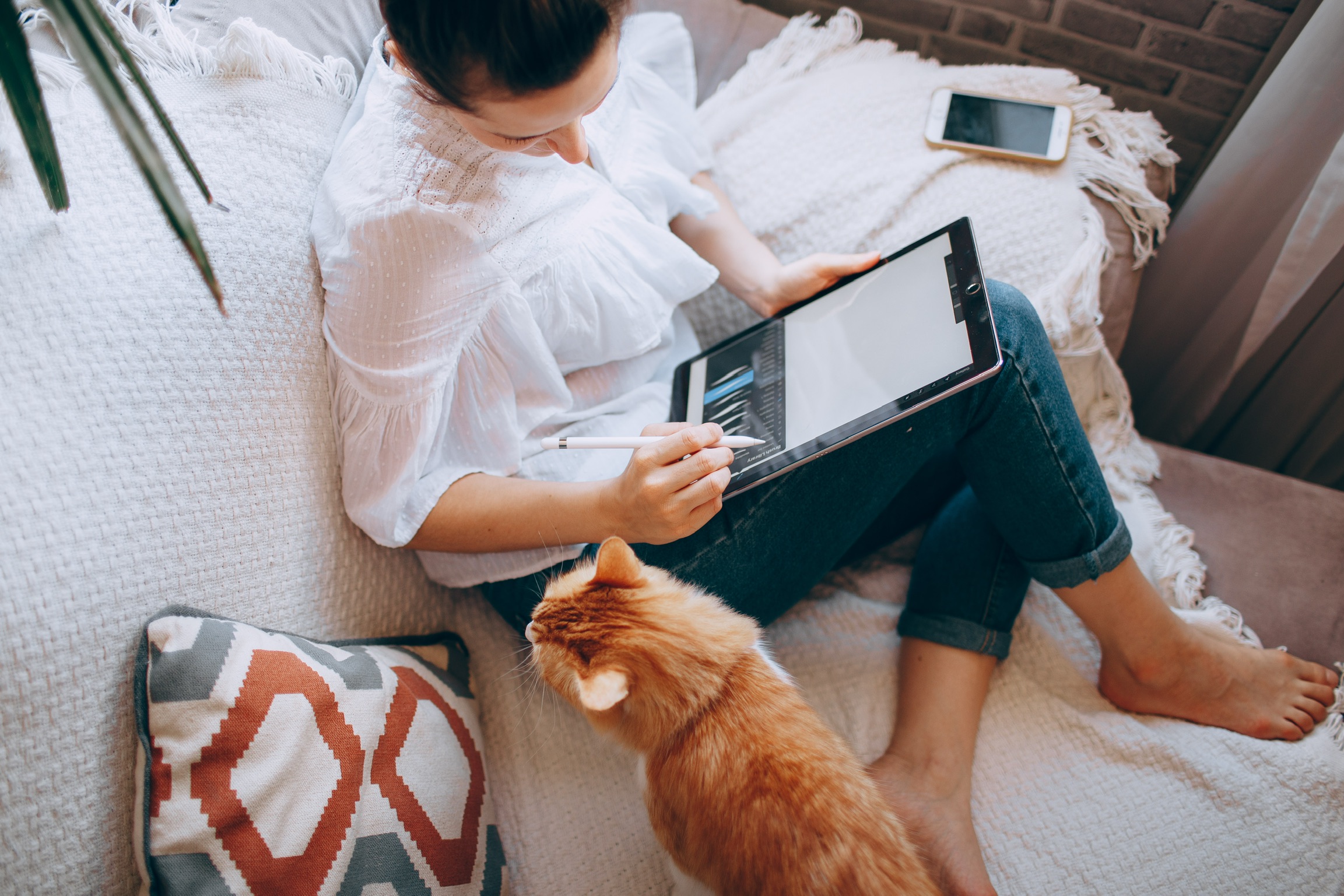 A lady working from home sitting with her feet up on the settee, working on an tablet with her ginger cat looking on 