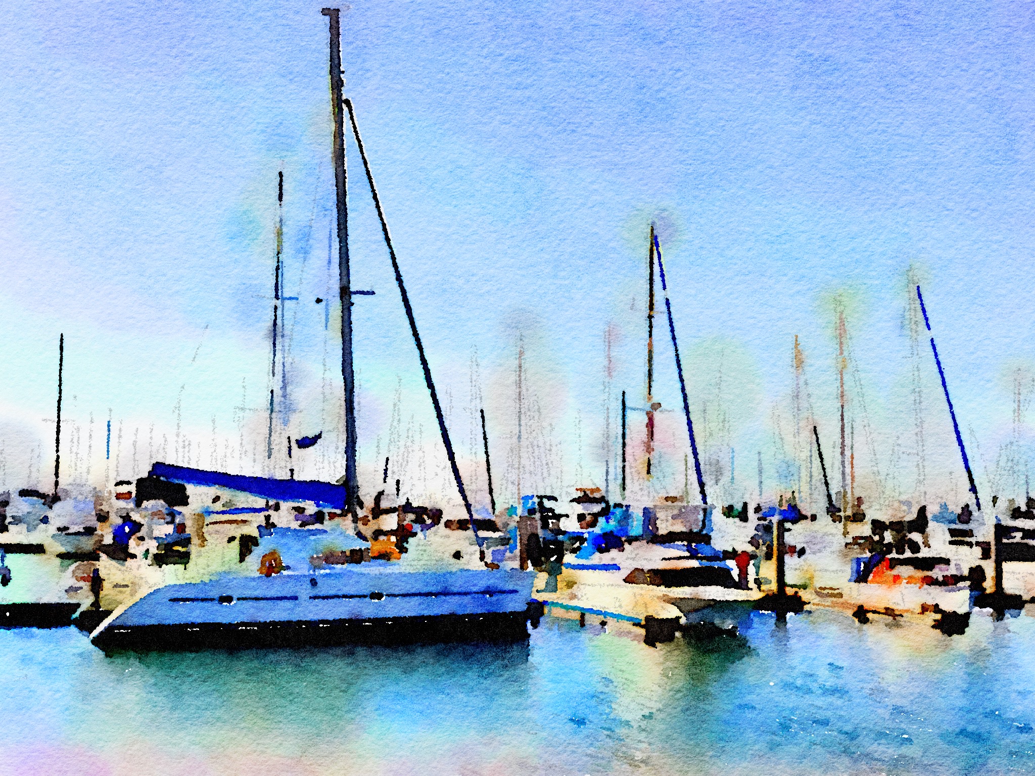 Water colour of sailing boats in Manly Harbour Brisbane